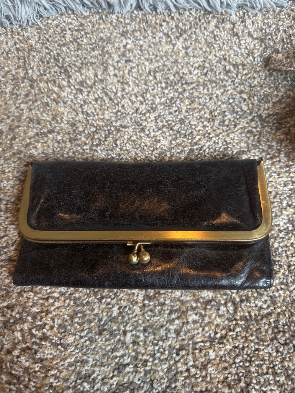 Classic Women's Black Leather Clutch with Gold Frame Hobo
